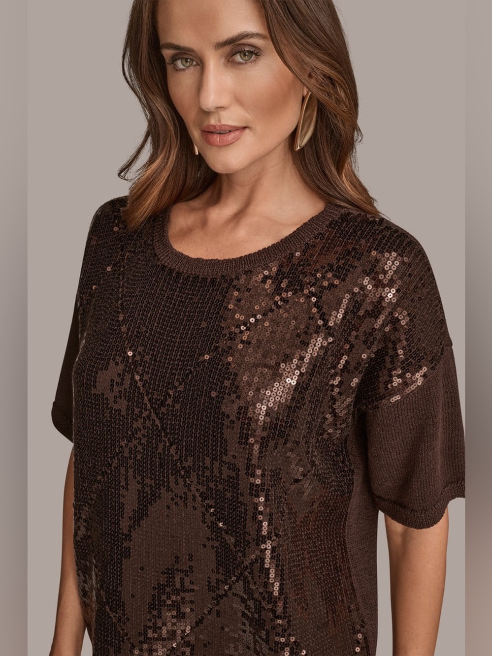 Donna Karan Sequin-Paneled Diamond Stitch Sweater in Chocolate Brown NWT - Picture 2 of 11